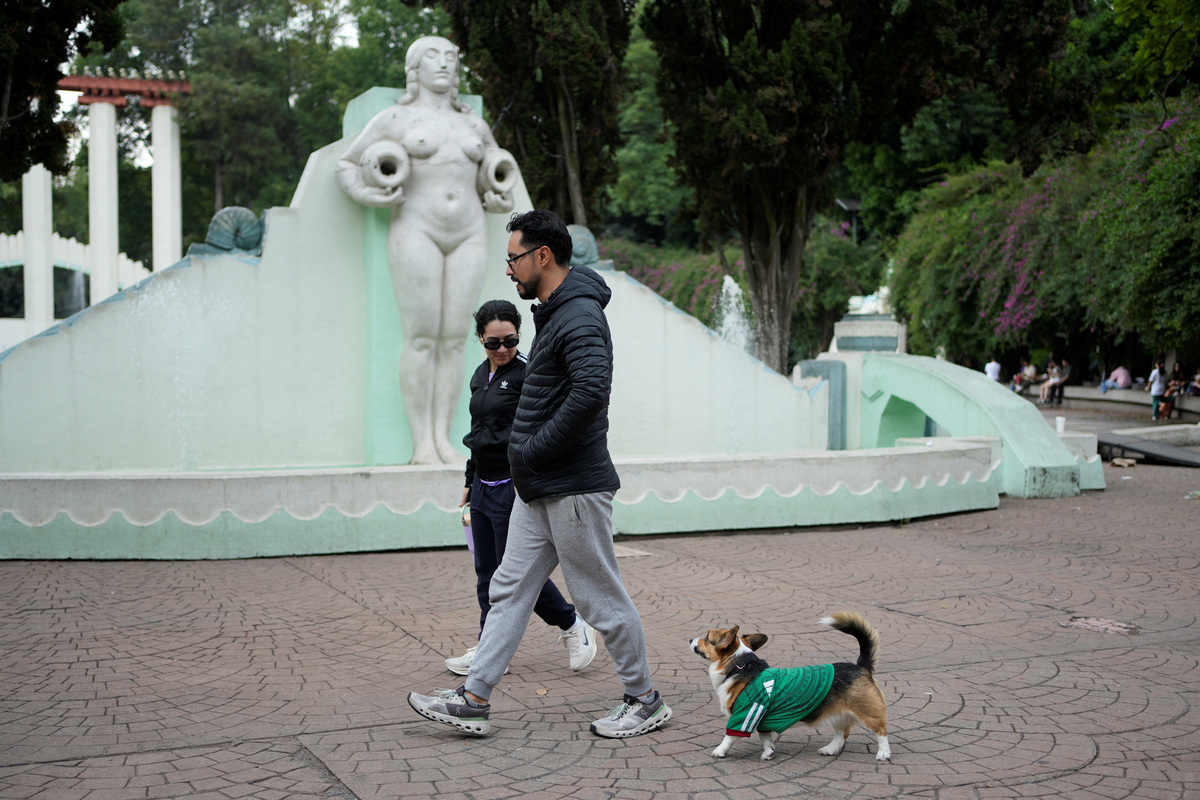 Javier Padilla walks with his dog Trufa, wearing a jersey of Mexico's national football team, as pets are dressed for the occasion during the 2026 FIFA World Cup, which Mexico is hosting with U.S. and Canada, in Mexico City, Mexico, June 19, 2026. REUTERS/Armando Vega