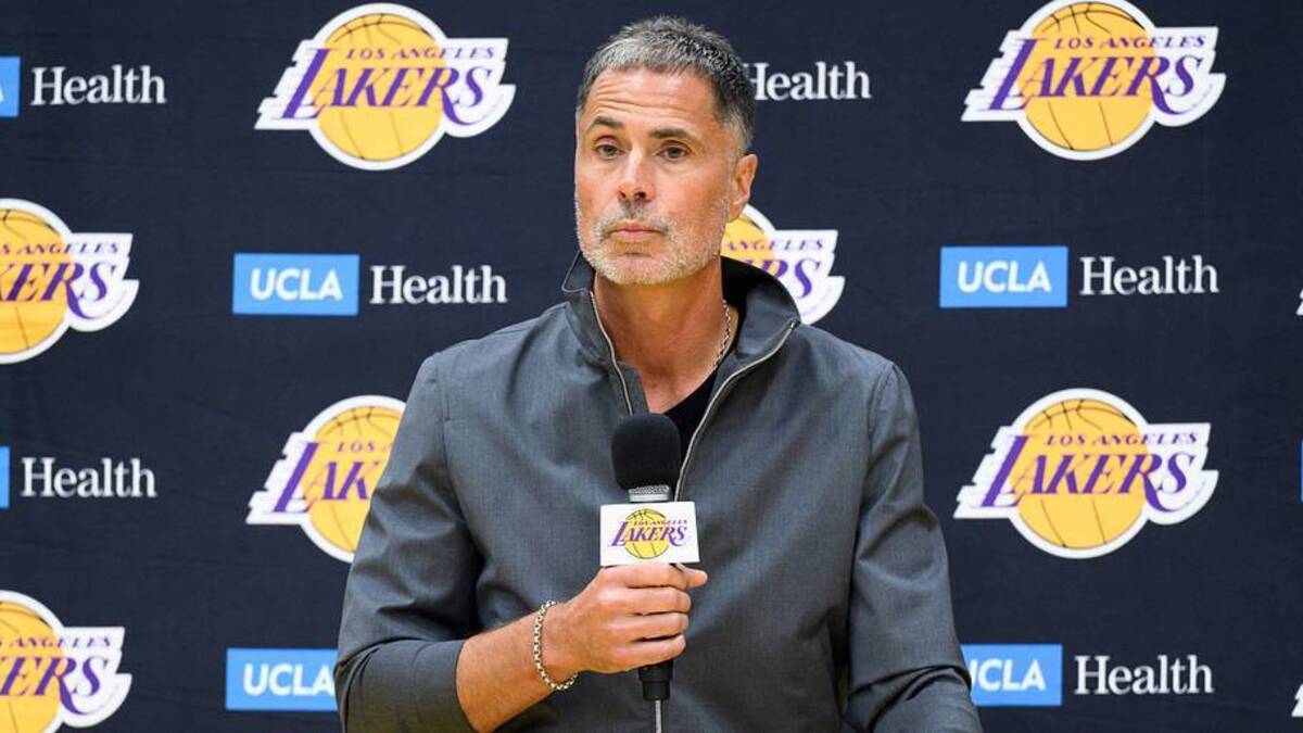  Sep 25, 2025; El Segundo, CA, USA; Los Angeles Lakers general manager Rob Pelinka, left, speaks during a press conference to preview the 2025-26 season at UCLA Health Training Center. Mandatory Credit: William Liang-Imagn Images | IMAGN IMAGES via Reuters Connect 