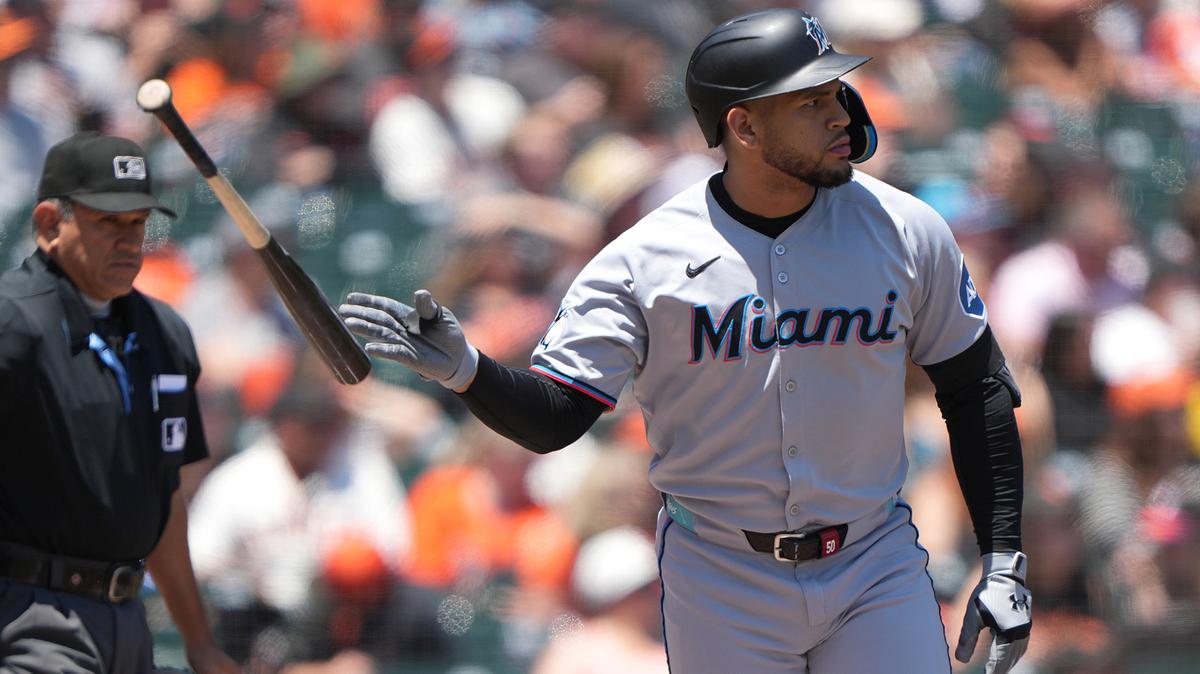 Agustin Ramirez of the Miami Marlins tosses his bat after hitting a two-run home run against the San Francisco Giants in the third inning at Oracle Park on Thursday, June 26, 2025, in San Francisco. (Thearon W. Henderson/Getty Images/TNS)