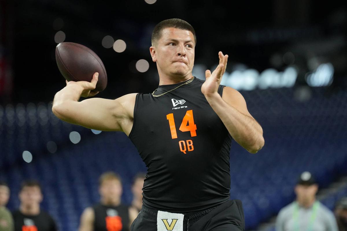  Feb 28, 2026; Indianapolis, IN, USA; Vanderbilt quarterback Diego Pavia (QB14) during the NFL Scouting Combine at Lucas Oil Stadium. Mandatory Credit: Kirby Lee-Imagn Images 