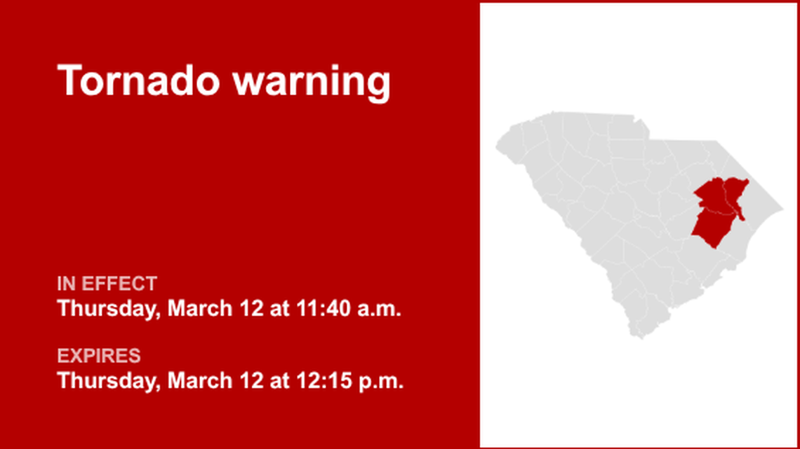 Tornado warning in place for Pee Dee Thursday midday - move to nearest shelter 