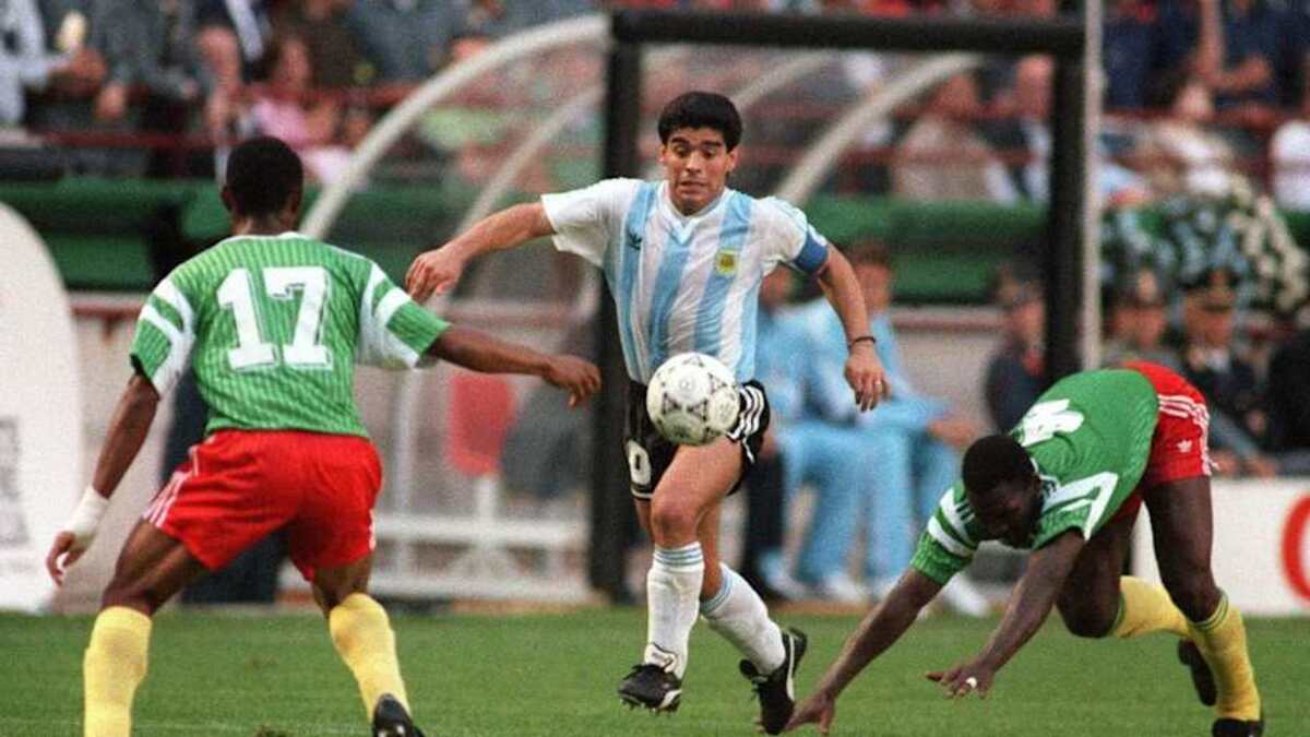  Diego Maradona was on the end an upset by Cameroon in the 1990 World Cup opener. | DANIEL GARCIA/AFP/Getty Images 