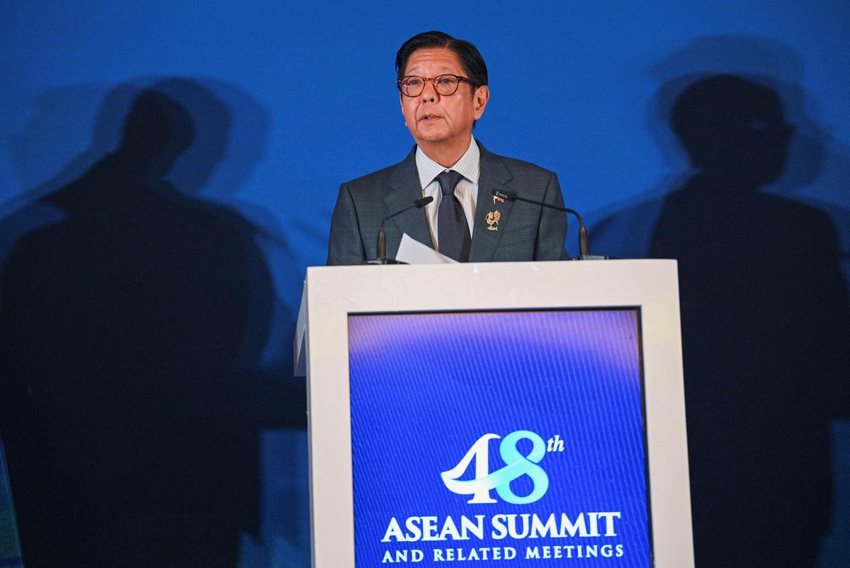 Philippine President Ferdinand Marcos speaks as Thailand Prime Minister Anutin Charnvirakul and Cambodia's Prime Minister Hun Manet cast their shadows after their trilateral meeting ahead of the 48th ASEAN Summit and Related Meetings in Cebu, Philippines, May 7, 2026, Ted Aljibe/Pool via REUTERS