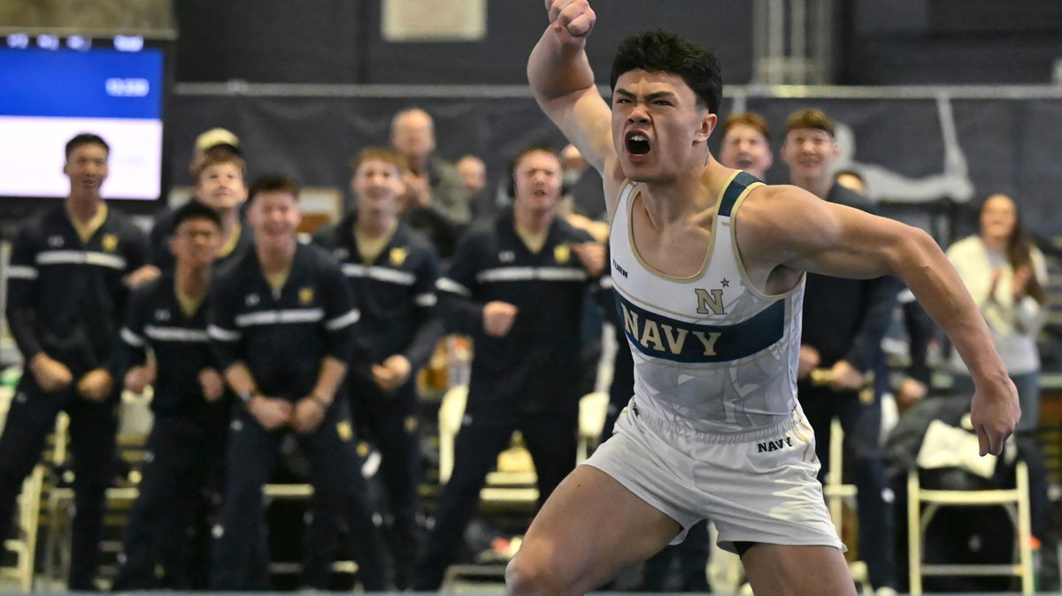 Navy's Benjamin Thurlow Lam competes in the floor exercise and scores a 13.750. The Navy Midshipmen defeated the visiting Army Black Knights, with a score of 308.2 to 303.0, in men's NCAA gymnastics Saturday, Feb. 7, 2026, at Halsey Field House in Annapolis, Md. (Paul W. Gillespie/The Baltimore Sun/TNS)