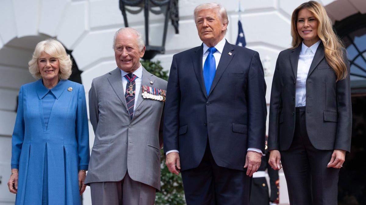 President Donald Trump and First Lady Melania Trump host a farewell event with King Charles III and Queen Camilla on the South Portico of the White House in Washington, D.C., on Thursday. They also visited Shenandoah National Park and Arlington National Cemetery. Photo by Aaron Schwartz/UPI