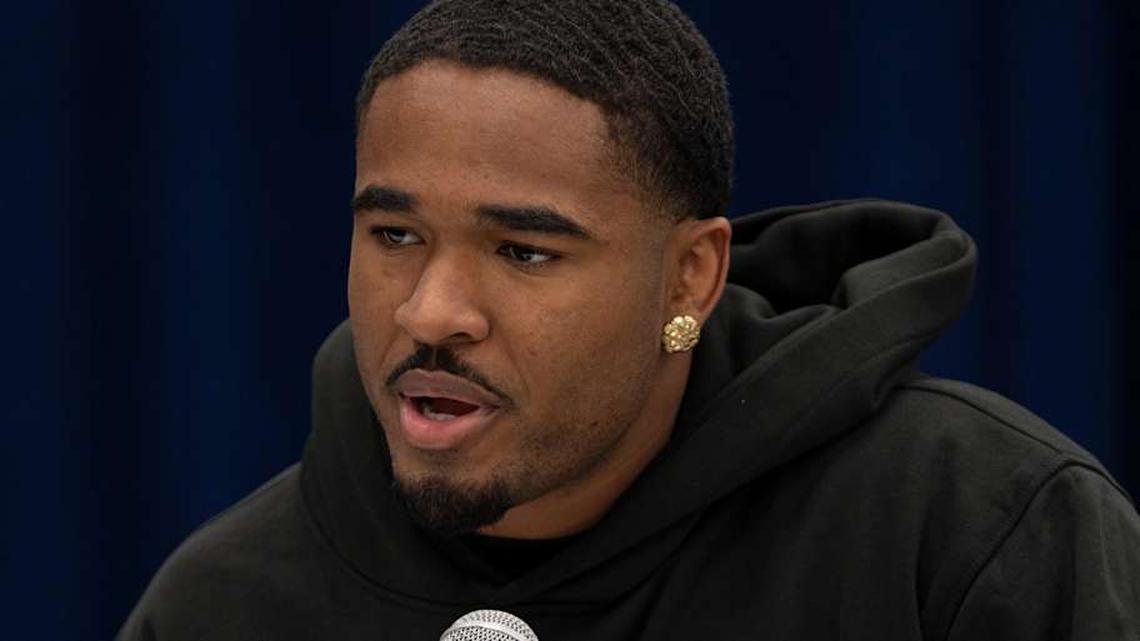  Feb 26, 2026; Indianapolis, IN, USA; Southern California defensive back Kamari Ramsey (DB45) speaks to members of the media during the NFL Combine at the Indiana Convention Center. Mandatory Credit: Jacob Musselman-Imagn Images | Jacob Musselman-Imagn Images 