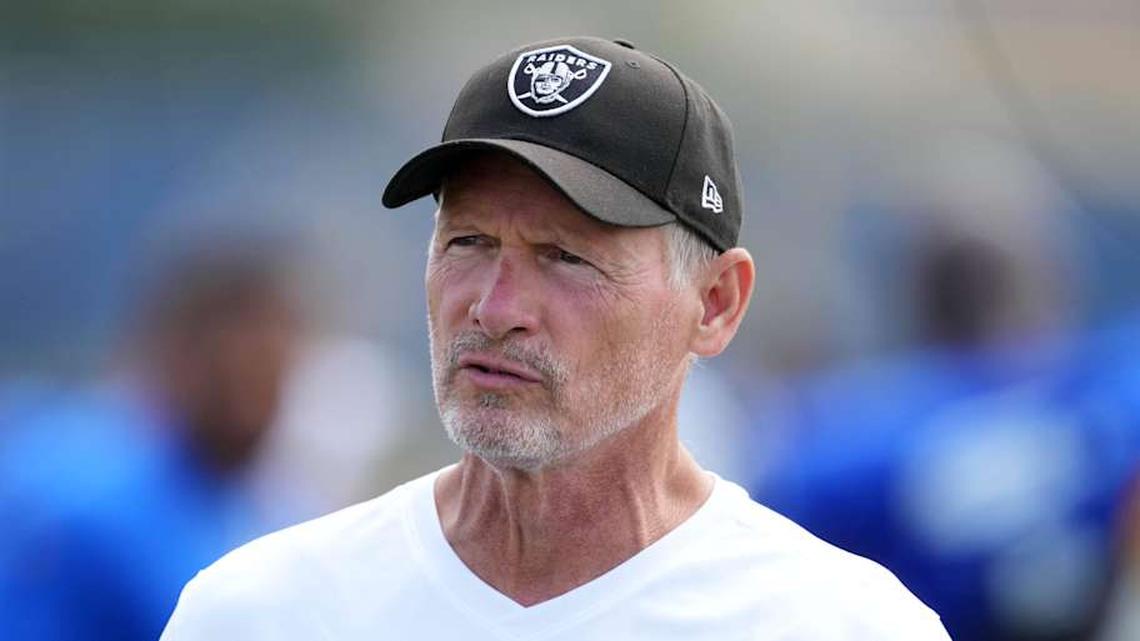  Aug 19, 2021; Thousand Oaks, CA, USA; Las Vegas Raiders general manager Mike Mayock looks on during a joint practice against the Los Angeles Rams. Mandatory Credit: Kirby Lee-Imagn Images | Kirby Lee-Imagn Images 