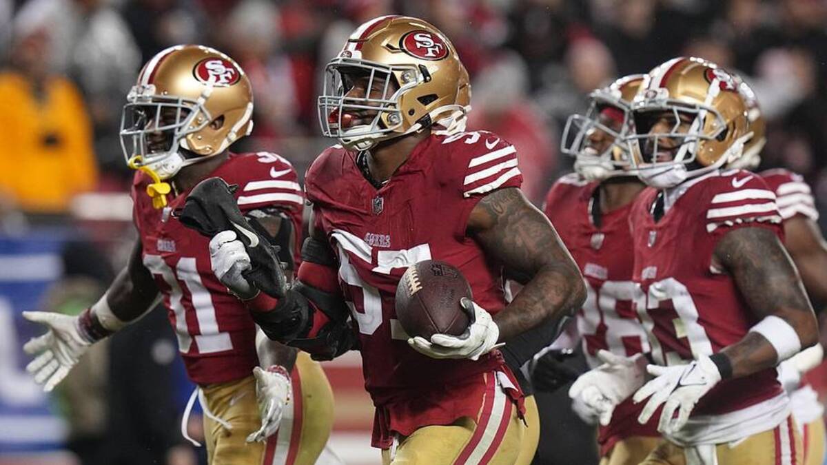  San Francisco 49ers linebacker Dre Greenlaw (57) celebrates his interception during the third quarter of their NFC divisional playoff game Saturday, January 20, 2024 at Levi Stadium in Santa Clara, California. The San Francisco 49ers beat the Green Bay Packers 24-21. | Mark Hoffman / Milwaukee Journal Sentinel / USA TODAY NETWORK 