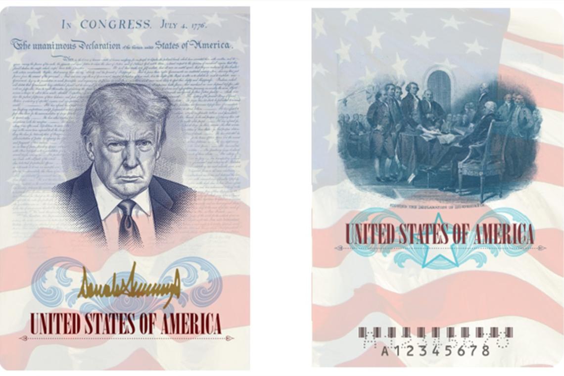 A mock-up of a new U.S. passport design featuring President Donald Trump’s portrait. 