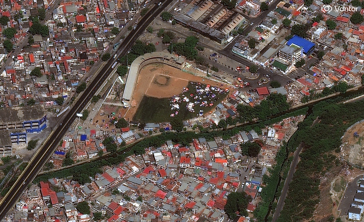 A satellite image shows tents and shelters for first responders at the baseball field Forum de La Guaira, in La Guaira, Venezuela, June 29, 2026, in the aftermath of earthquakes. Vantor/Handout via REUTERS
