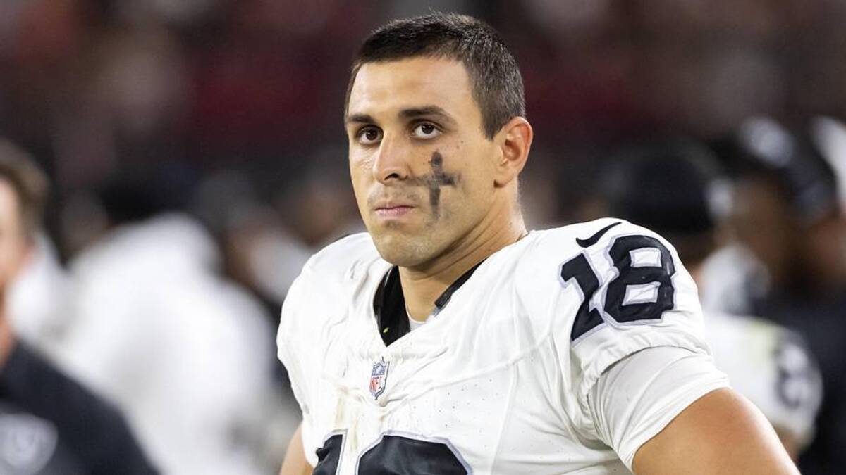  Aug 23, 2025; Glendale, Arizona, USA; Las Vegas Raiders wide receiver Jack Bech (18) against the Arizona Cardinals during a preseason NFL game at State Farm Stadium. Mandatory Credit: Mark J. Rebilas-Imagn Images | Mark J. Rebilas-Imagn Images 