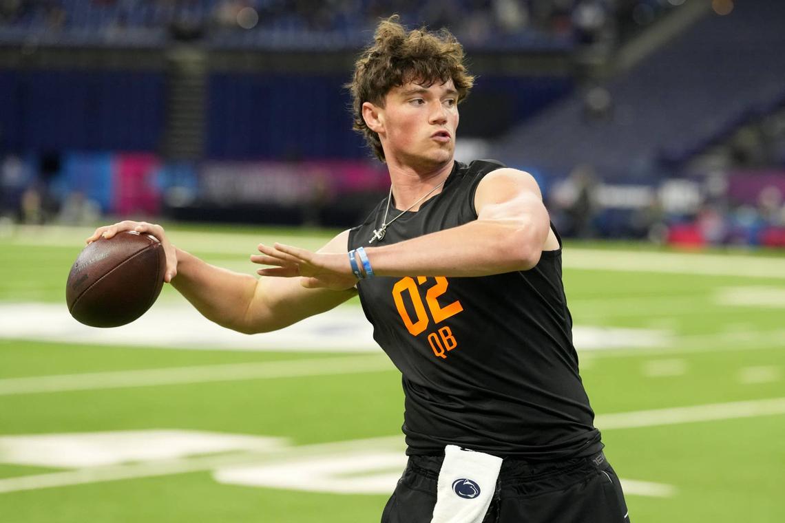  Feb 28, 2026; Indianapolis, IN, USA; Penn State quarterback Drew Allar (QB02) during the NFL Scouting Combine at Lucas Oil Stadium. Mandatory Credit: Kirby Lee-Imagn Images 