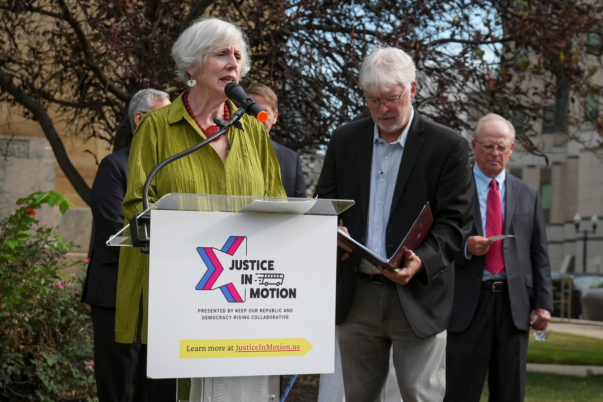 As part of the Justice In Motion bus tour from Pennsylvania to Michigan, former Ohio Supreme Court Chief Justice Maureen O'Connor delivers remarks alongside other judges during a stop in Columbus, Ohio on July 8, 2026.