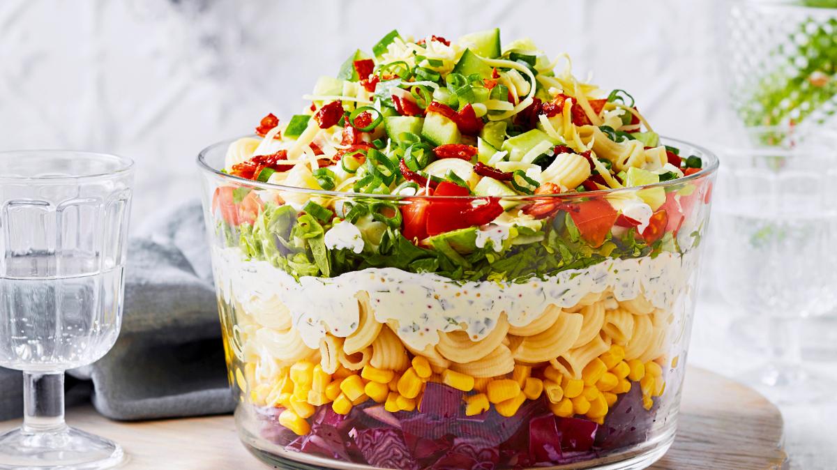 Layered Christmas pasta salad