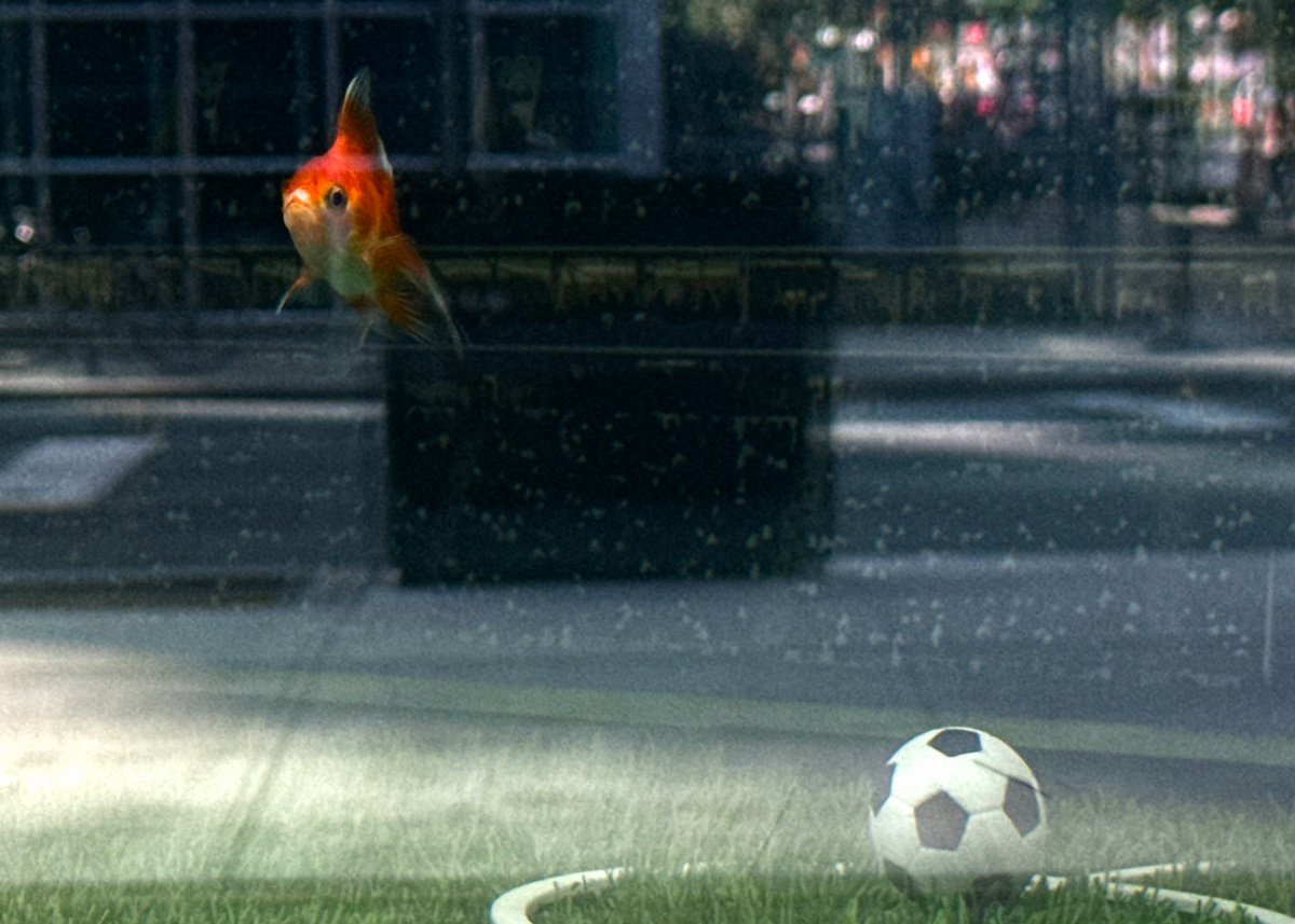 An oranda goldfish named Swimbappe swims next to a miniature soccer ball inside a tank designed like a soccer pitch outside an office building in Toronto, Ontario, Canada, June 19, 2026. Swimbappe, named after France soccer captain Kylian Mbappe, has become a local attraction by making daily World Cup match predictions from his underwater field. Picture taken with a mobile phone. REUTERS/Kyaw Soe Oo