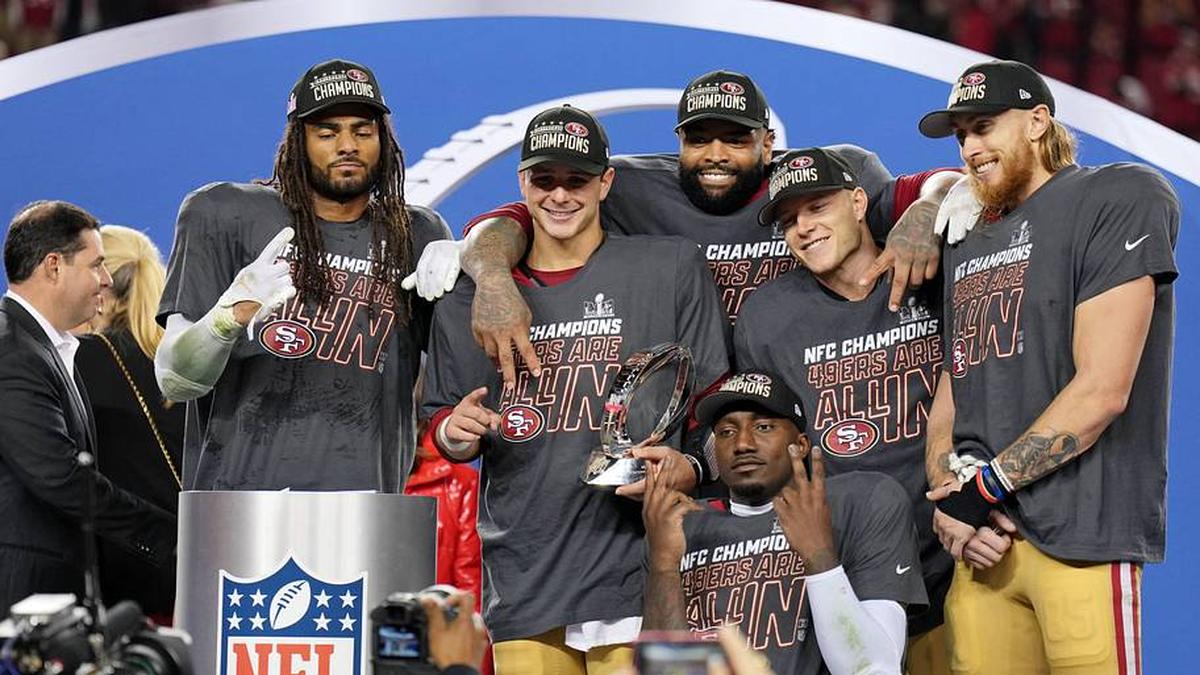  Jan 28, 2024; Santa Clara, California, USA; (Left to right) San Francisco 49ers linebacker Fred Warner (54), quarterback Brock Purdy (13), offensive tackle Trent Williams (71), wide receiver Deebo Samuel (19), running back Christian McCaffrey (23), tight end George Kittle (85) celebrate after winning the NFC Championship football game against the Detroit Lions at Levi's Stadium. Mandatory Credit: Kyle Terada-Imagn Images | Kyle Terada-Imagn Images 