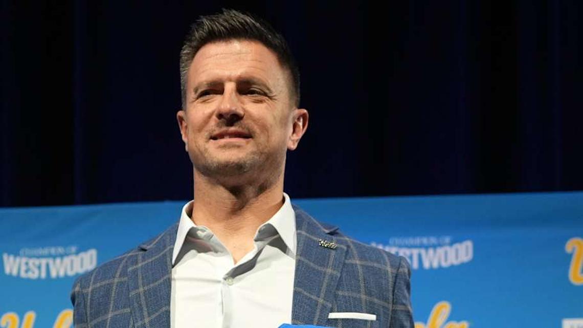  Dec 9, 2025; Los Angeles, CA, USA; UCLA Bruins football coach Bob Chesney poses at introductory press conference at Renee Luskin Conference Center Centennial Ballroom. Mandatory Credit: Kirby Lee-Imagn Images | Kirby Lee-Imagn Images 