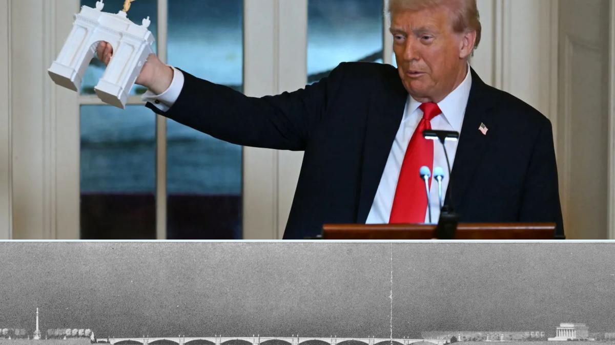Trump holding model of Triumphal Arch; image of original column design on Columbia Island. 