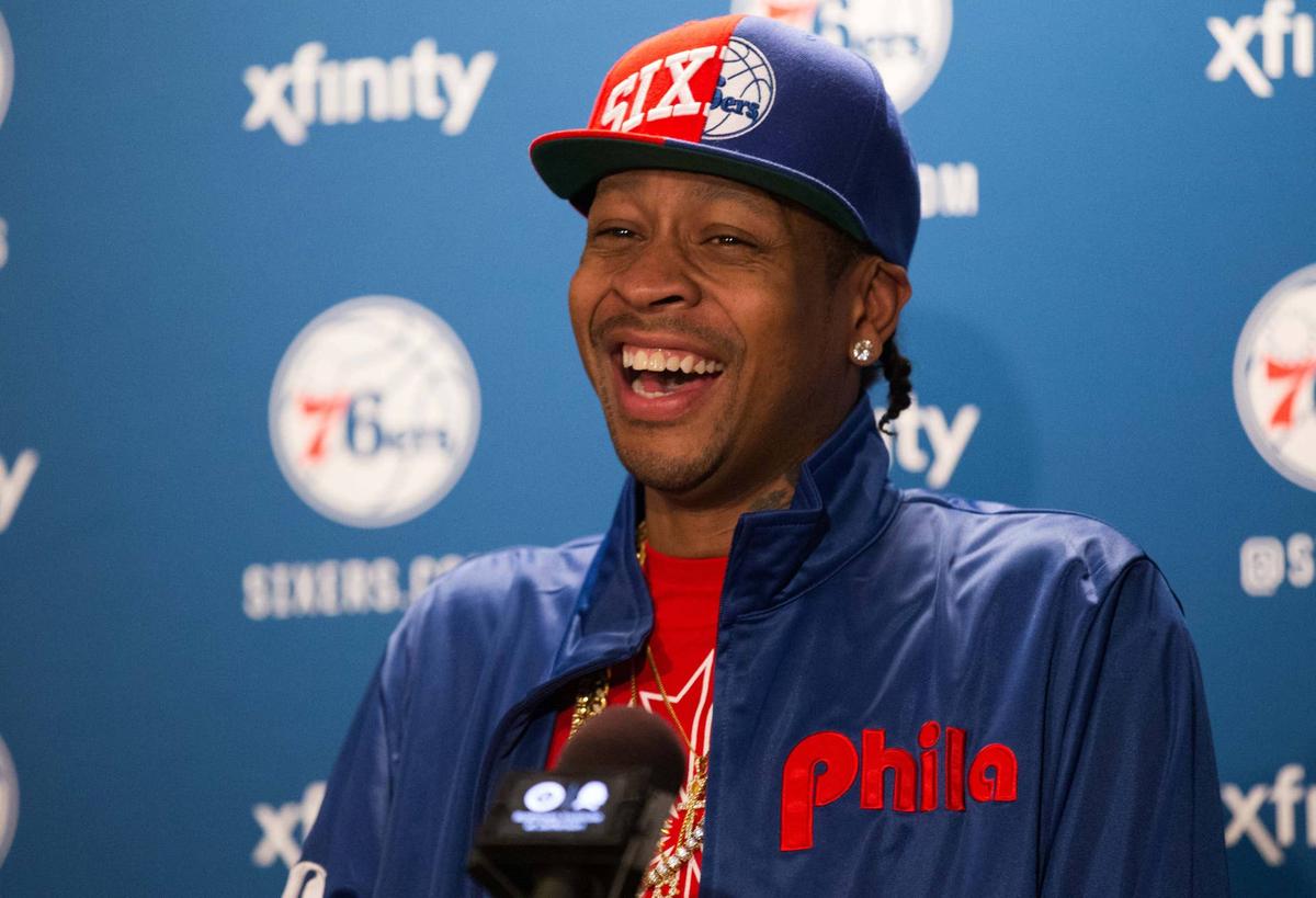  Philadelphia 76ers legend Allen Iverson talks about his selection for enshrinement in the Basketball Hall of Fame during a press conference. Bill Streicher-USA TODAY Sports