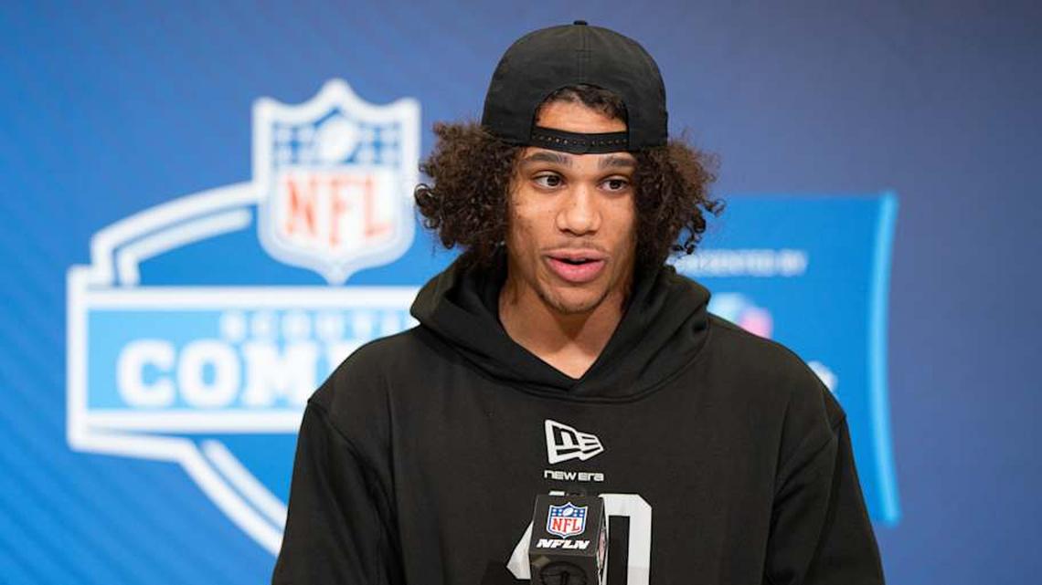  Feb 27, 2026; Indianapolis, IN, USA; Arizona State wideout Jordyn Tyson (WO40) speaks to members of the media during the NFL Combine at the Indiana Convention Center. Mandatory Credit: Jacob Musselman-Imagn Images | Jacob Musselman-Imagn Images 