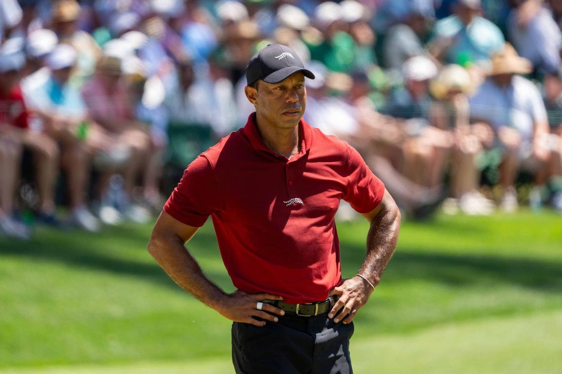  Apr 14, 2024; Augusta, Georgia, USA; Tiger Woods stands on the 16th hole during the final round of the Masters Tournament. Mandatory Credit: Kyle Terada-USA TODAY Network 