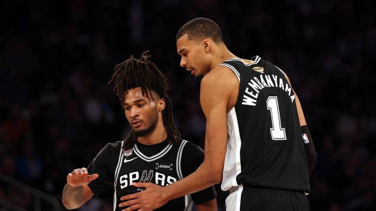  Jun 8, 2026; New York, New York, USA; San Antonio Spurs guard Stephon Castle (5) talks with forward Victor Wembanyama (1) against the New York Knicks during game three of the 2026 NBA Finals in the third quarter at Madison Square Garden. Mandatory Credit: Geoff Burke-Imagn Images | Geoff Burke-Imagn Images 