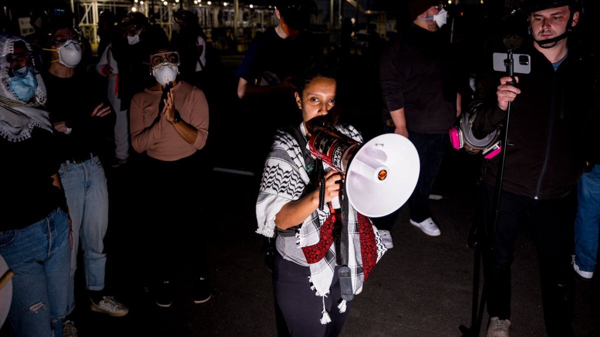 Protestors speak against ICE outside Delaney Hall Detention Center in Newark, N.J., on May 27. Two protesters were arrested Wednesday night. Photo by Angelina Katsanis/UPI