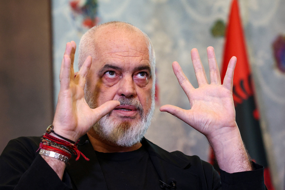 Albanian Prime Minister Edi Rama gestures during an interview with Reuters as Albanians protest against a planned luxury resort backed by a company linked to Jared Kushner, the son-in-law of U.S. President Donald Trump, on an environmentally sensitive part of the Adriatic coast, in Tirana, Albania, June 8, 2026. REUTERS/Florion Goga
