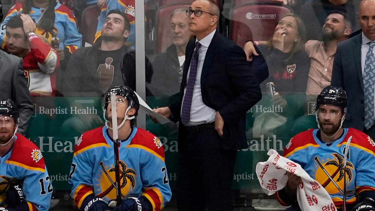 Florida Panthers head coach Paul Maurice looks up as the St. Louis Blues score during the third period of an NHL hockey game, Saturday, Nov. 26, 2022, in Sunrise, Fla. The Blues defeated the Panthers 5-4 in overtime. (AP Photo/Marta Lavandier)