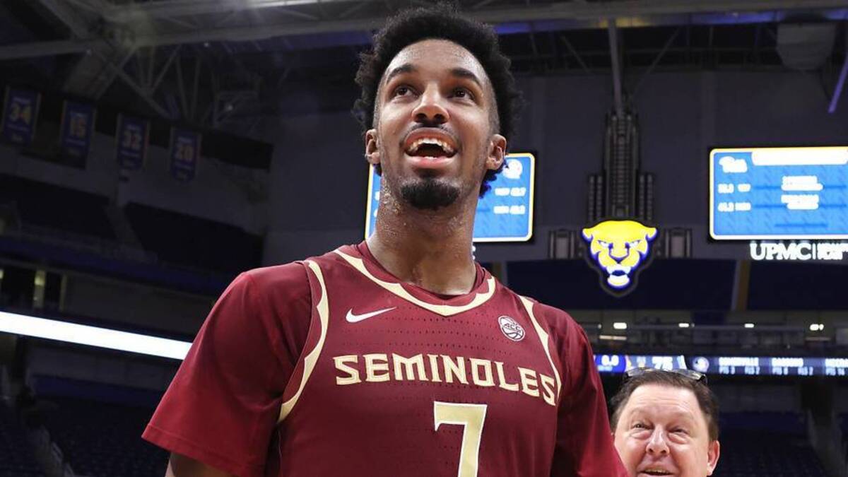  Mar 4, 2026; Pittsburgh, Pennsylvania, USA; Florida State Seminoles forward Chauncey Wiggins (7) reacts as he leaves the court after defeating the Pittsburgh Panthers at the Petersen Events Center. Mandatory Credit: Charles LeClaire-Imagn Images | Charles LeClaire-Imagn Images 
