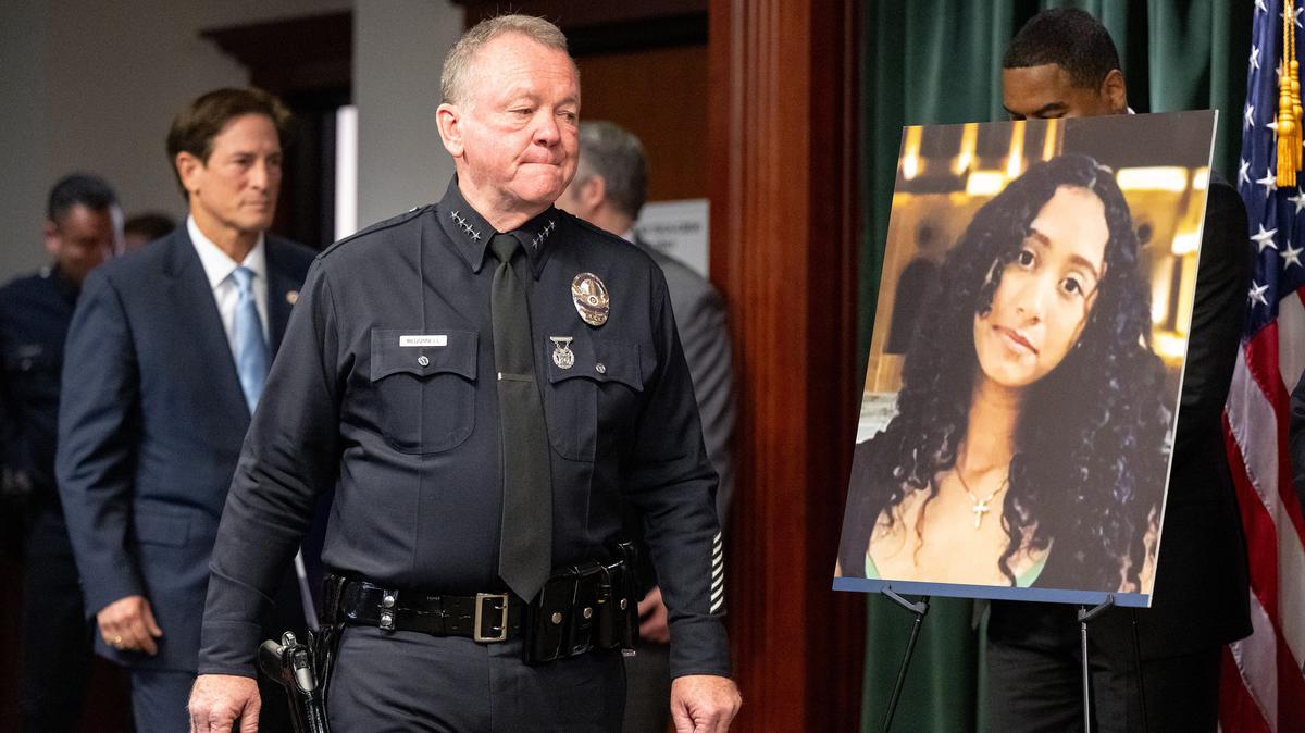 Los Angeles police Chief Jim McDonnell and Los Angeles District Attorney Nathan Hochman walk past a photo of Celeste Rivas Hernandez, 14, of Lake Elsinore, California, on April 20, 2026. Singer D4vd has been arrested in connection with her death. (David Crane/Los Angeles Daily News/TNS)