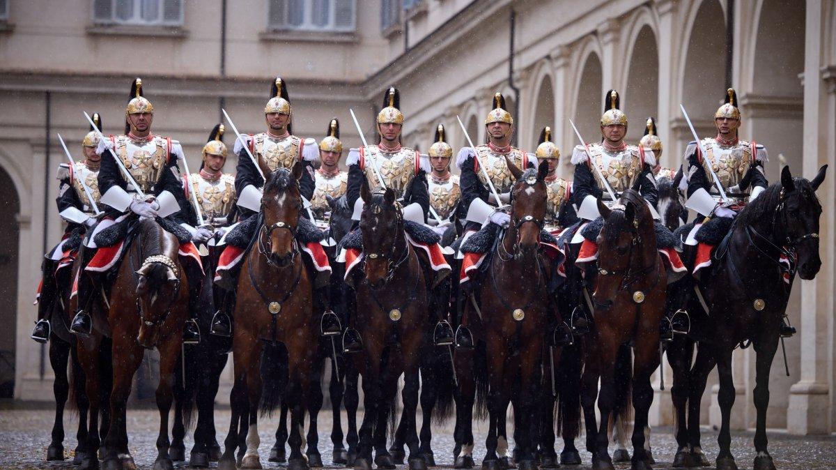 Members of the Italian armed forces are on horse outside the Chigi Palace, the official residence of the Italian prime minister in Rome, on May 13, 2023. On June 2, 1946, in a national referendum, voters in Italy decided the country should become a republic rather than return to a monarchy. File Photo courtesy Ukrainian President Press Office