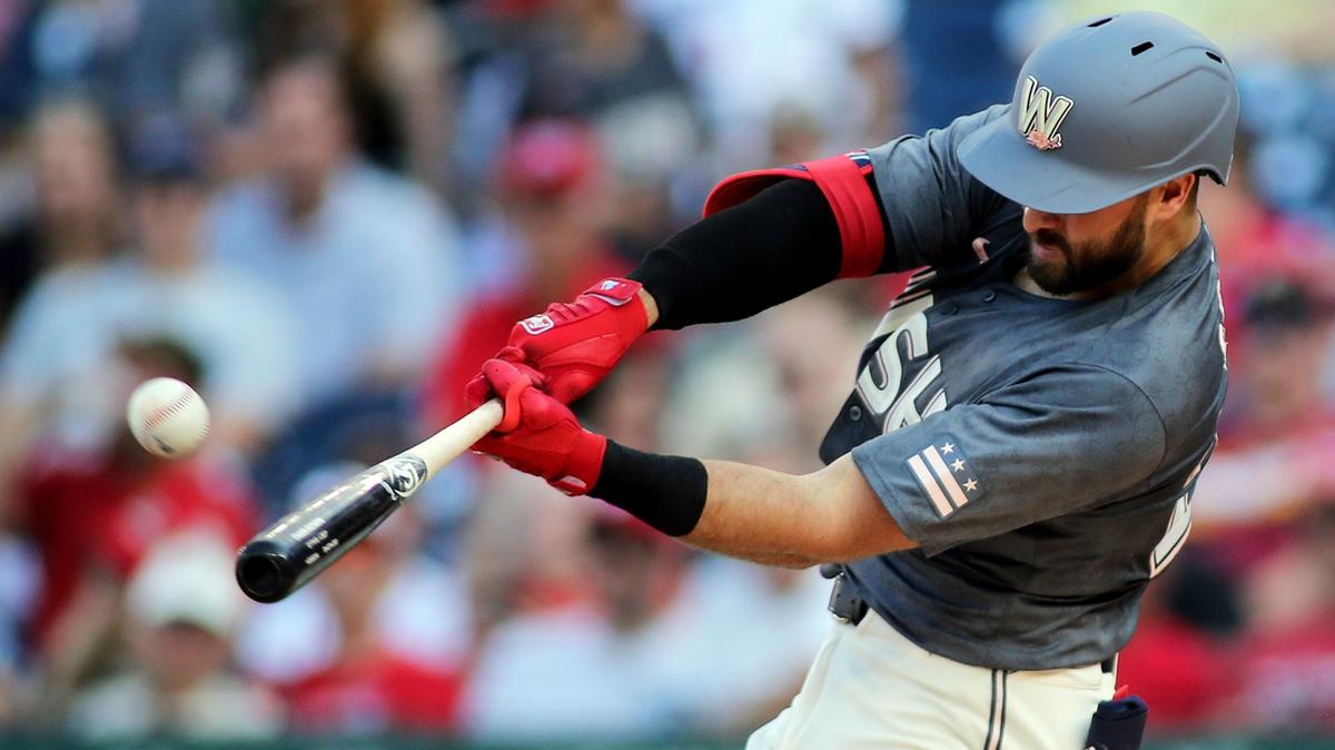 Sep 14, 2024; Washington, District of Columbia, USA; Washington Nationals first baseman Joey Gallo (24) hits a home run during the second inning of a baseball game against the Miami Marlins, at Nationals Park. Mandatory Credit: Daniel Kucin Jr.-Imagn Images