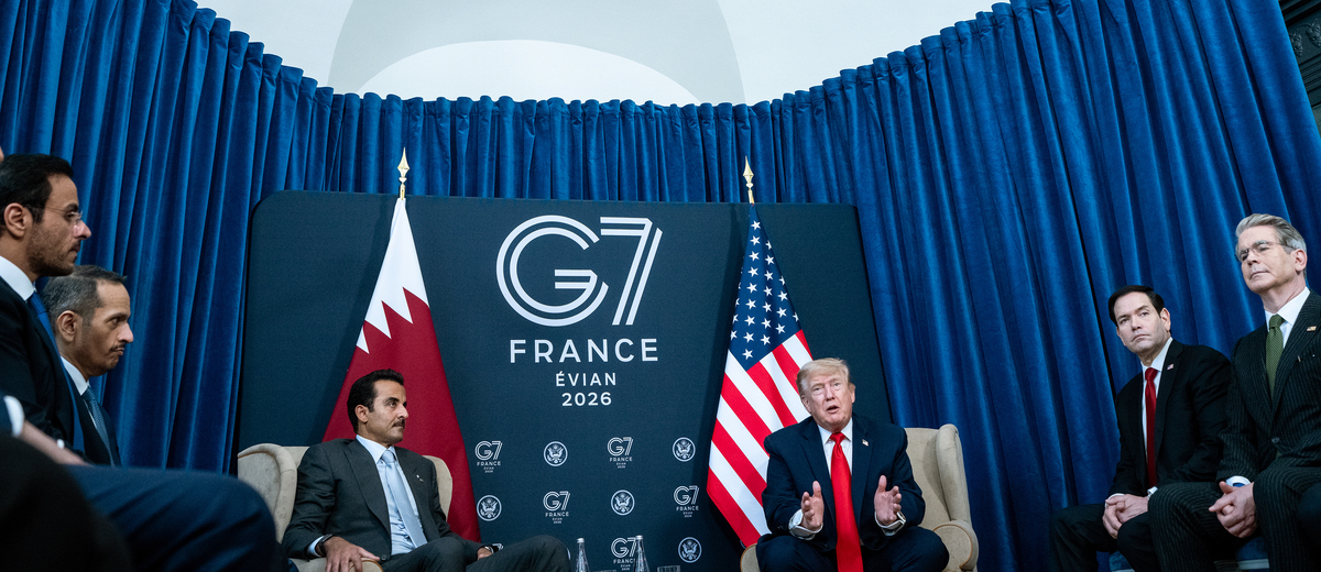 President Donald Trump attends a bilateral meeting with the Emir of Qatar, Tamim Bin Hamad Al-Thani, during the G7 Summit in Evian-les-Bains, France, June 16, 2026. (Haiyun Jiang/The New York Times)