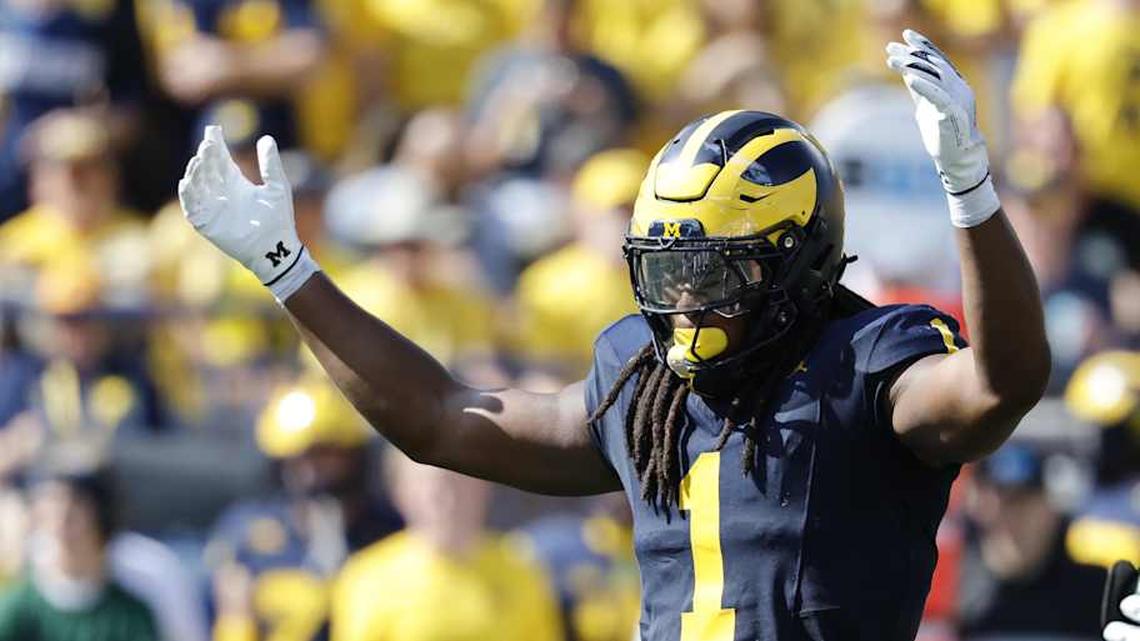  Oct 4, 2025; Ann Arbor, Michigan, USA; Michigan Wolverines linebacker Jaishawn Barham (1) reacts in the second half against the Wisconsin Badgers at Michigan Stadium. Mandatory Credit: Rick Osentoski-Imagn Images | Rick Osentoski-Imagn Images 