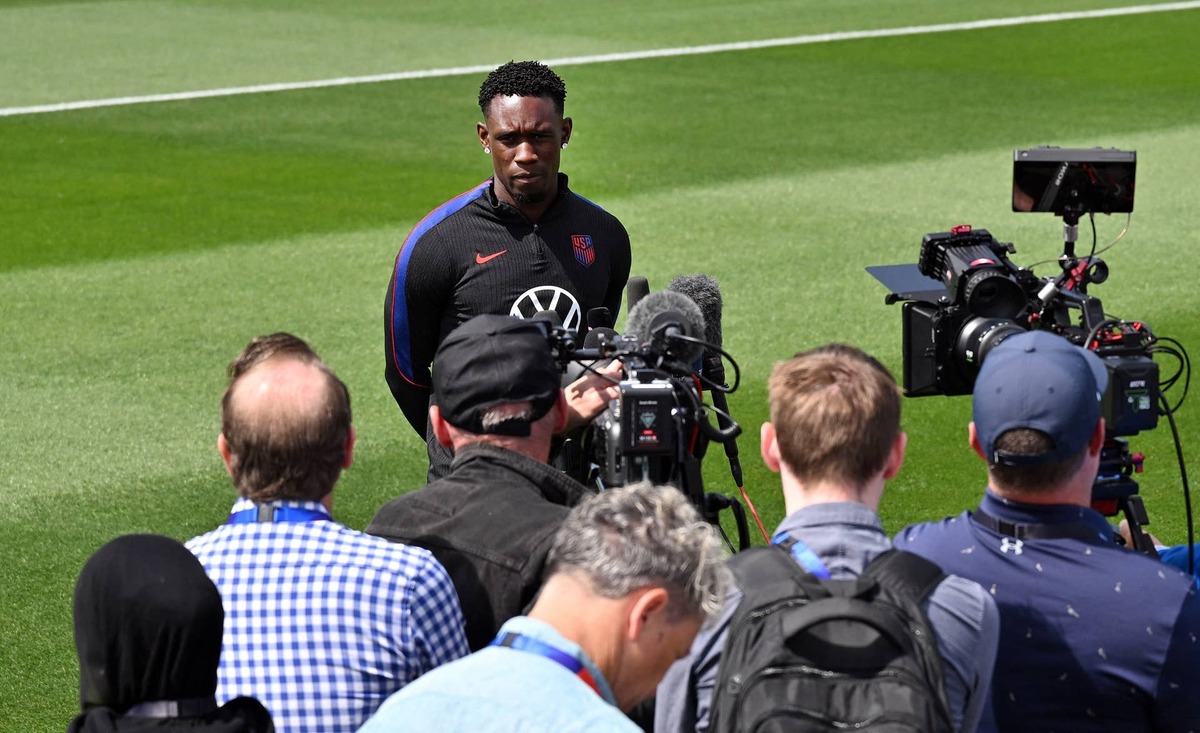  July 3, 2026; Seattle, Washington, U.S.; Folarin Balogun of the U.S. speaks to media before training. Mandatory Credit: Steven Bisig-Imagn Images 