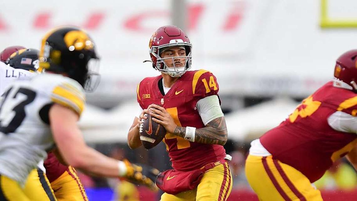  Nov 15, 2025; Los Angeles, California, USA; Southern California Trojans quarterback Jayden Maiava (14) drops back to pass against the Iowa Hawkeyes during the second half at the Los Angeles Memorial Coliseum. Mandatory Credit: Gary A. Vasquez-Imagn Images | Gary A. Vasquez-Imagn Images 