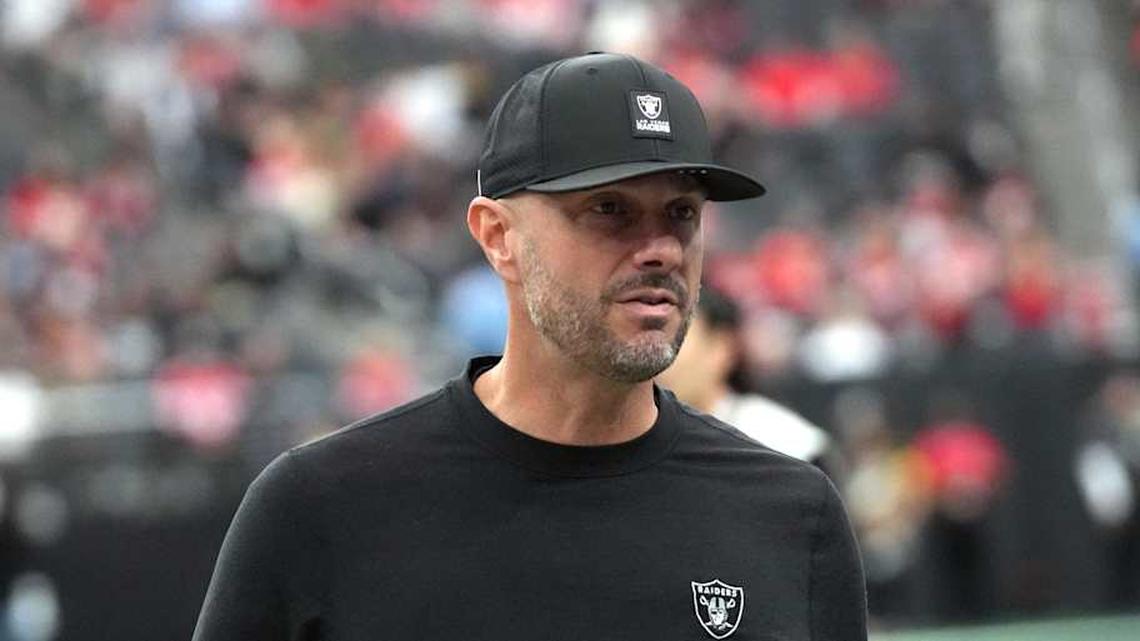  Jan 4, 2026; Paradise, Nevada, USA; Las Vegas Raiders general manager John Spytek reacts during the game against the Kansas City Chiefs at Allegiant Stadium. Mandatory Credit: Kirby Lee-Imagn Images | Kirby Lee-Imagn Images 