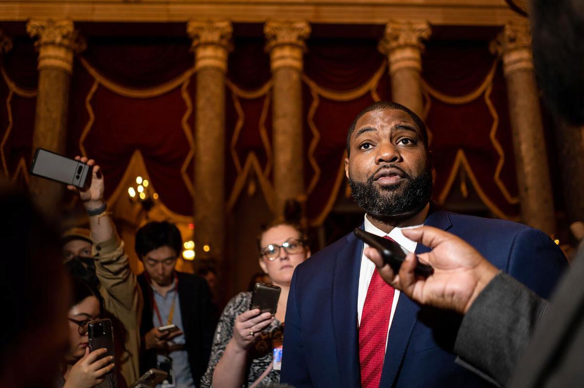 Rep. Byron Donalds (R-FL) speaks with reporters in National Statuary Hall in the U.S. Capitol Building on Friday, Jan. 6, 2023, in Washington, D.C. (Kent Nishimura/Los Angeles Times/TNS)