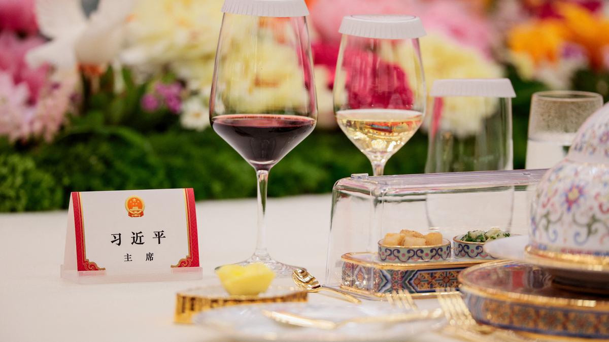 A label at the seat for Chinese President Xi Jinping ahead of a state banquet with U.S. President Donald Trump at the Great Hall of the People in Beijing, China, May 14, 2026. REUTERS/Evan Vucci