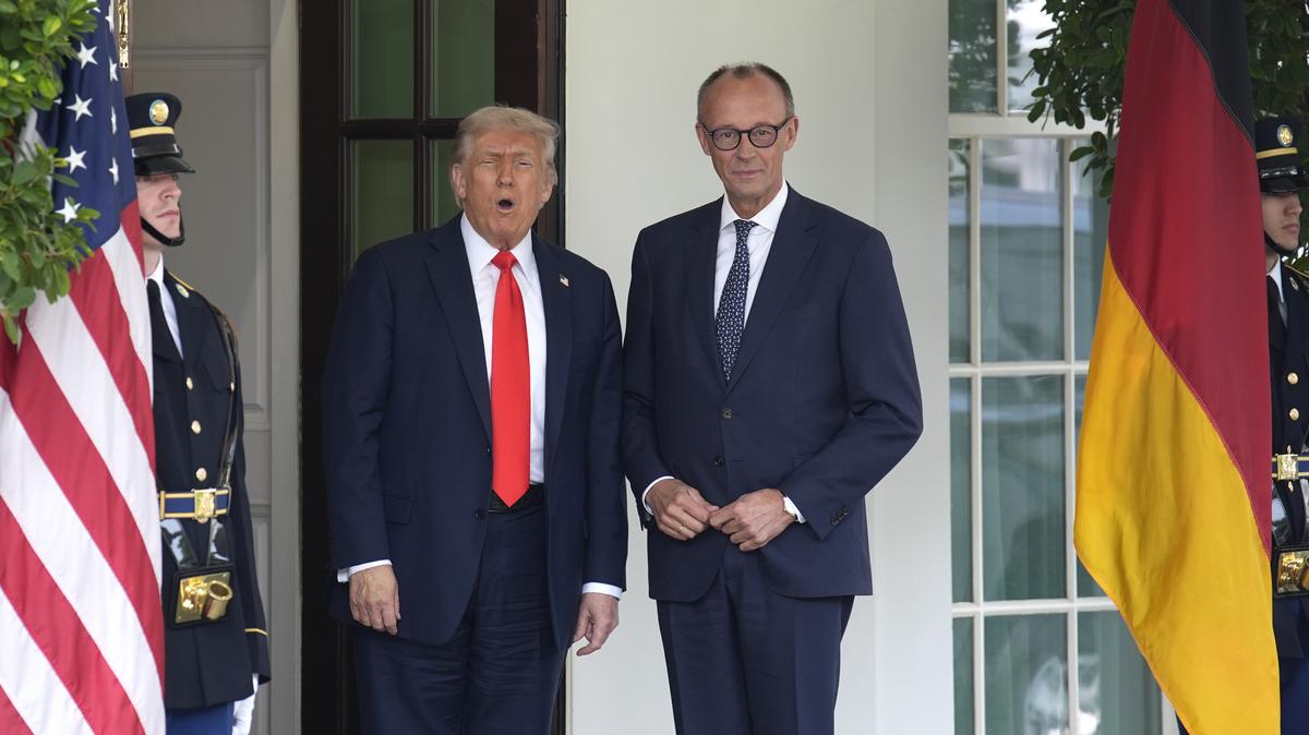 U.S. President Donald Trump welcomes German Chancellor Friedrich Merz to the White House in Washington on June 5, 2025.