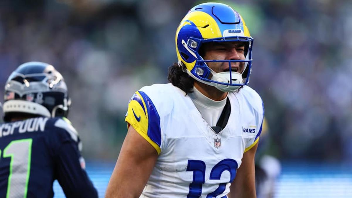  Jan 25, 2026; Seattle, WA, USA; Los Angeles Rams wide receiver Puka Nacua (12) reacts after a catch against the Seattle Seahawks during the first half in the 2026 NFC Championship Game at Lumen Field. | Kevin Ng-Imagn Images 