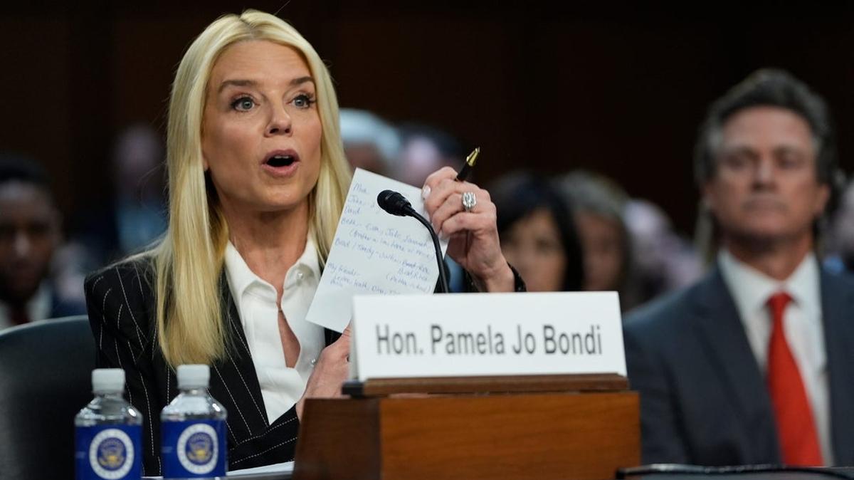 Pam Bondi recognizes family and friends in attendance as she delivers opening remarks during a Senate Judiciary committee hearing on her nomination to be Attorney General of the United States on Jan. 15, 2025 in Washington, D.C.