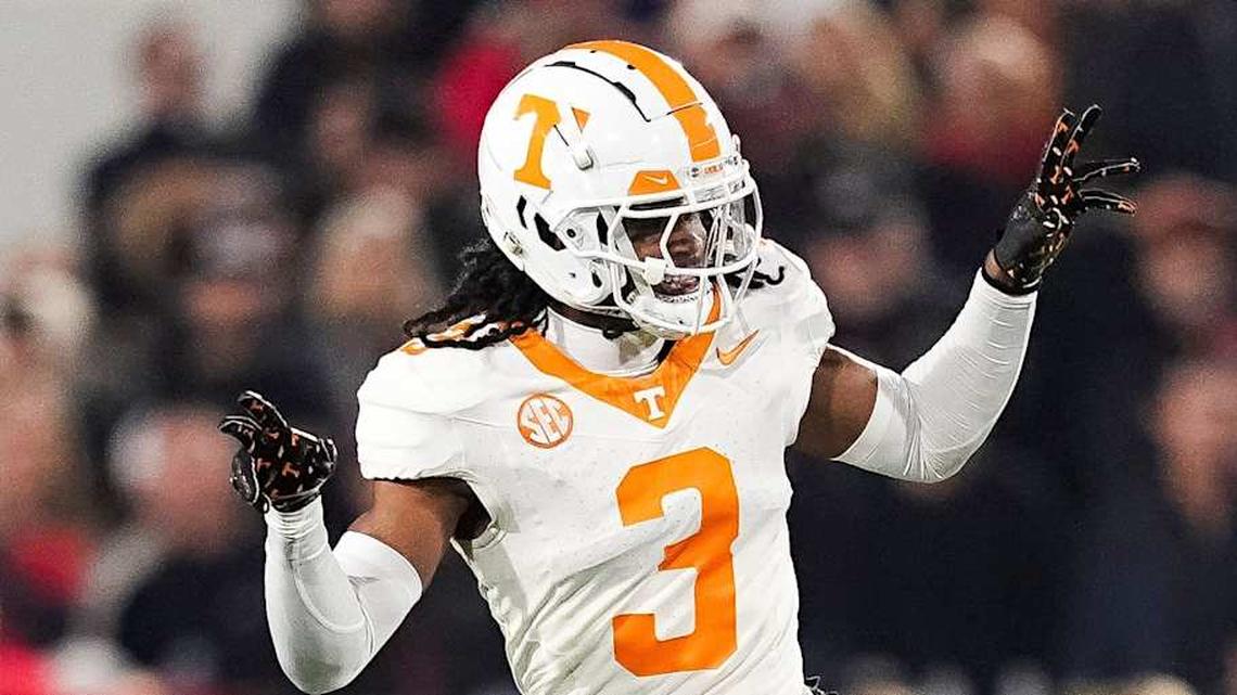  Tennessee defensive back Jermod McCoy (3) celebrates after making a play during a college football game between Tennessee and Georgia at Sanford Stadium in Athens, Ga., on Saturday, November 16, 2024. | Brianna Paciorka/News Sentinel / USA TODAY NETWORK via Imagn Images 