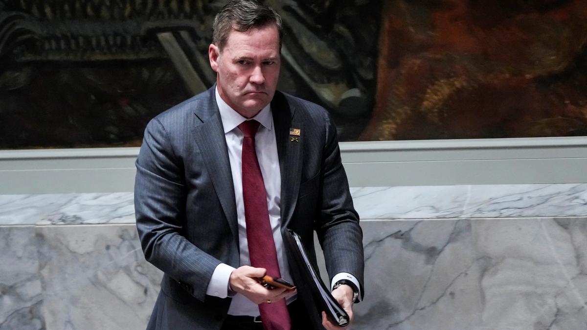U.S. Ambassador to the United Nations Mike Waltz leaves the chamber during a Security Council meeting on maritime safety at U.N. headquarters in New York City, U.S., April 27, 2026.  REUTERS/Eduardo Munoz