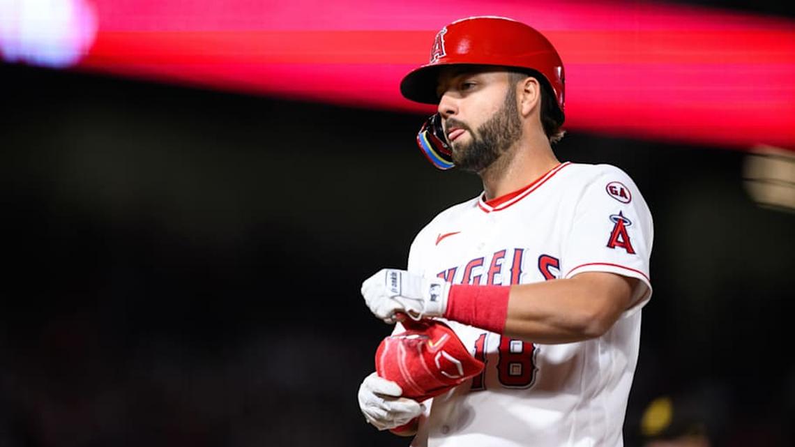  Los Angeles Angels first baseman Nolan Schanuel (18) looks on after hitting a RBI single during the eighth inning against the San Diego Padres at Angel Stadium. | William Liang-Imagn Images 