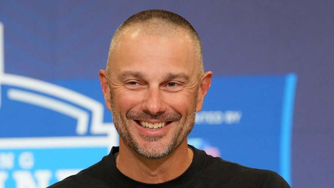  Feb 24, 2026; Indianapolis, IN, USA; Las Vegas Raiders general manager John Spytek speaks at the NFL Scouting Combine at the Indiana Convention Center. Mandatory Credit: Kirby Lee-Imagn Images | Kirby Lee-Imagn Images 