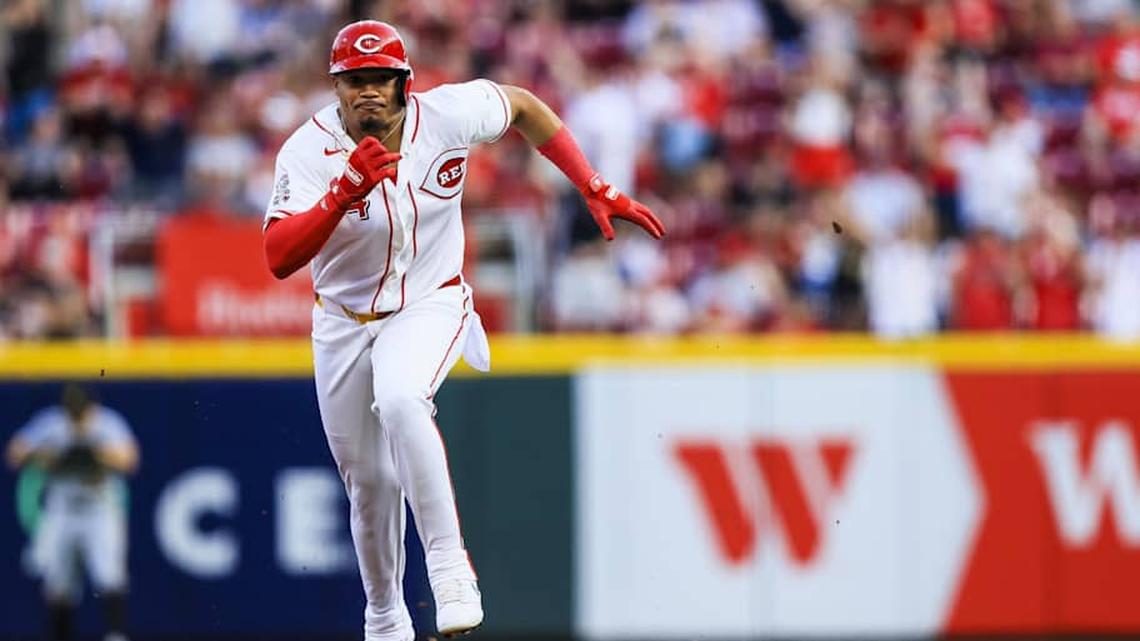  Mar 31, 2026; Cincinnati, Ohio, USA; Cincinnati Reds outfielder Noelvi Marte (4) runs the bases on a single hit by third baseman Ke'bryan Hayes (not pictured) in the third inning against the Pittsburgh Pirates at Great American Ball Park. | Katie Stratman-Imagn Images 