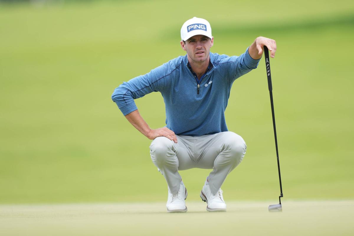  May 15, 2026; Newtown Square, Pennsylvania, USA; Alex Smalley reacts on the fourth hole during the second round of the PGA Championship golf tournament. Mandatory Credit: James Lang-Imagn Images 