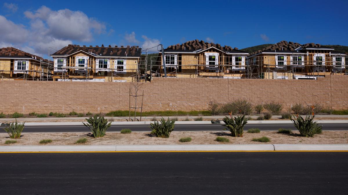 Scaffoldings are set up around single-family residential homes under construction in San Marcos, California, U.S., March 25, 2024.  REUTERS/Mike Blake